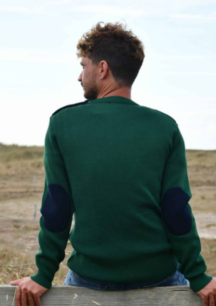 Pull marin OPTIMIST'  vert avec coudes marine – GILI – Fabriqué en France