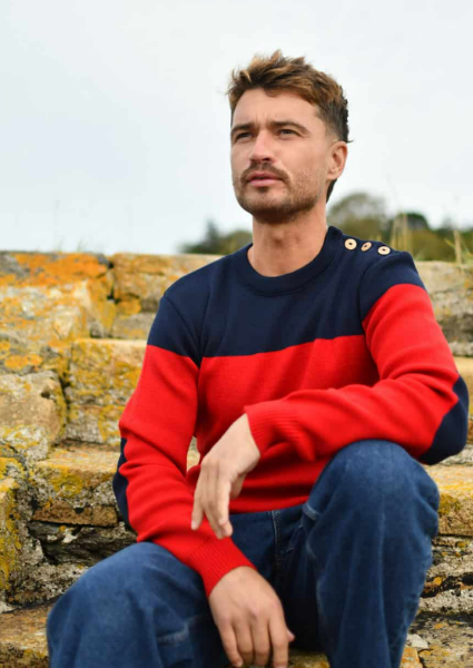 Pull marin homme bicolore NEW YORK Fabriqué en France Marine & rouge d' OPTIMIST'
