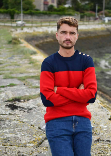 Pull marin homme bicolore NEW YORK Fabriqué en France Marine & rouge d' OPTIMIST'