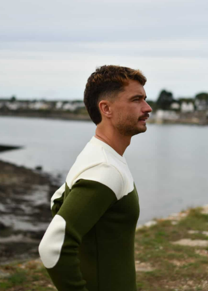 Pull marin homme bicolore  NAPLES Fabriqué en France  Khaki & blanc de chez OPTIMIST'