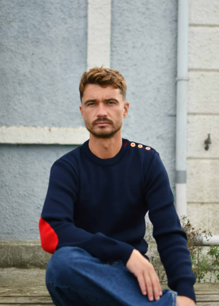 Pull marin homme marine CHICAGO Fabriqué en France  Coudes rouges de chez OPTIMIST'