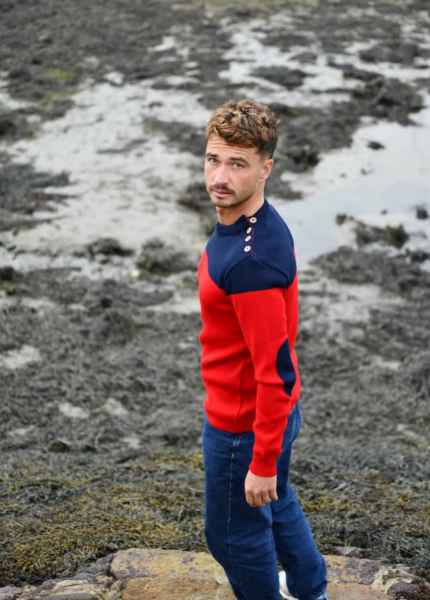 Pull marin homme bicolore NEW YORK Fabriqué en France Marine & rouge d' OPTIMIST'