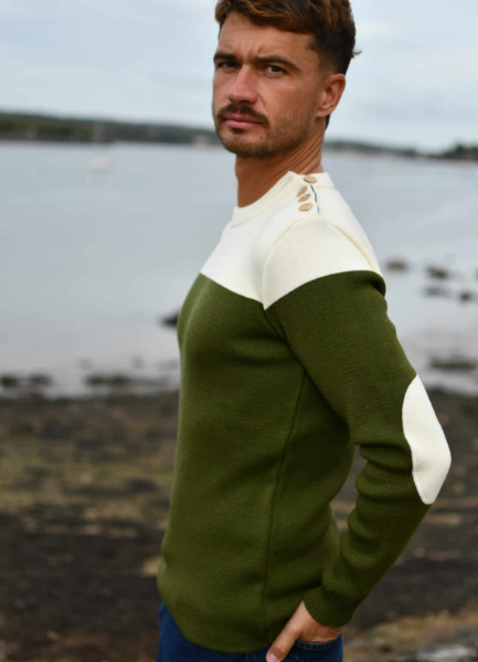 Pull marin homme bicolore  NAPLES Fabriqué en France  Khaki & blanc de chez OPTIMIST'