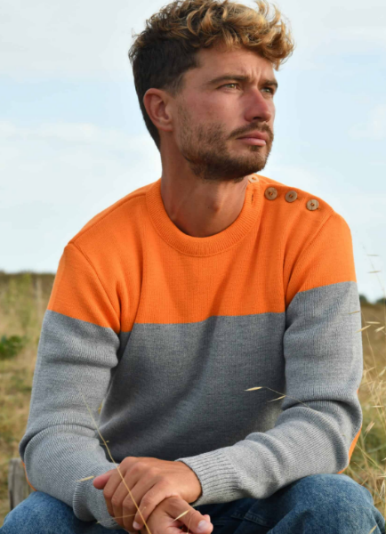 Pull marin homme bicolore gris et orange HANOI Fabriqué en France d'OPTIMIST'