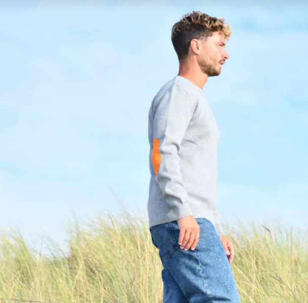 Pull marin OPTIMIST'  gris – MEDELLIN – Fabriqué en France – Coudes orange