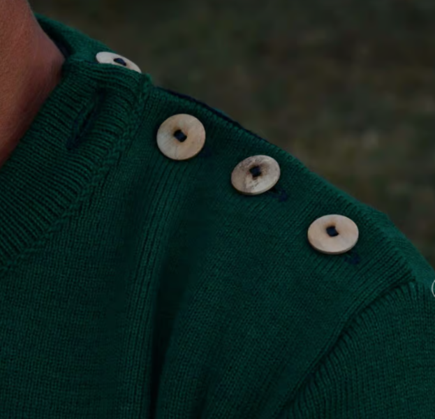 Pull marin OPTIMIST'  vert avec coudes marine – GILI – Fabriqué en France