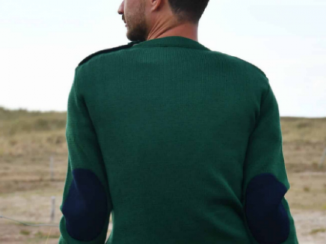 Pull marin OPTIMIST'  vert avec coudes marine – GILI – Fabriqué en France