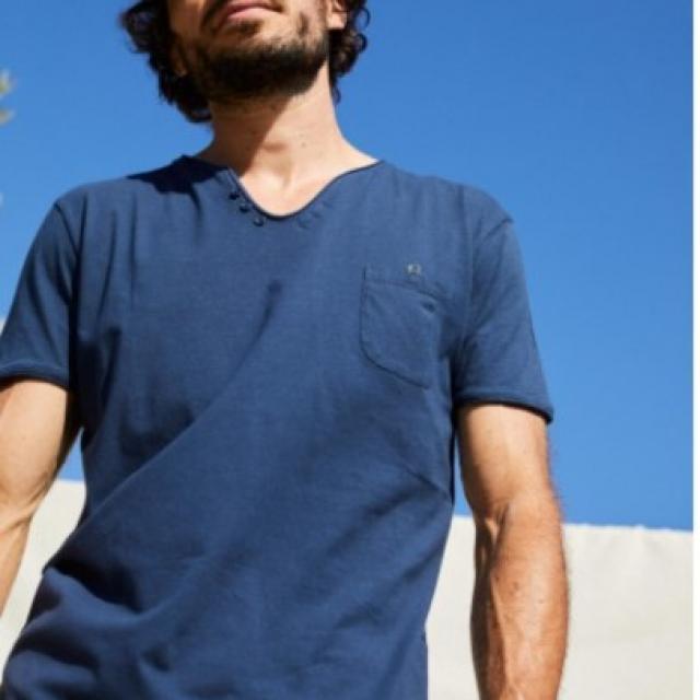 T-shirt GILI'S col TUNISIEN navy  100 % coton biologique certifié Oeko Tex 