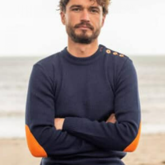Pull marin OPTIMIST'  bleu marine – PERTH – Fabriqué en France – Coudes orange