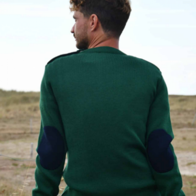 Pull marin OPTIMIST'  vert avec coudes marine – GILI – Fabriqué en France